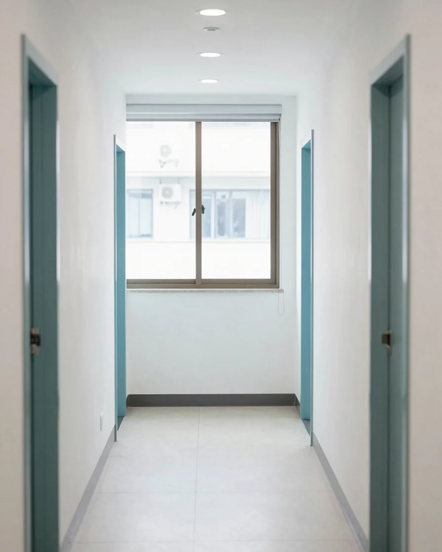 Natural healthcare editorial photograph of a bright, calm medical and dental practice corridor with soft daylight throug
