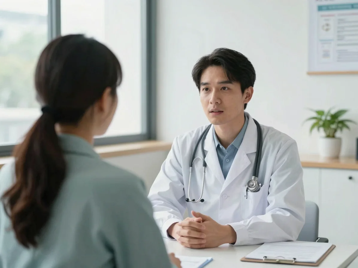 Candid healthcare editorial photograph of a clinician speaking with a patient in a bright consultation room, soft daylig
