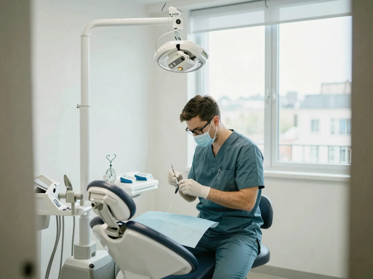 Natural editorial photograph of a dental practitioner preparing an examination room, soft daylight, calm whites and mute