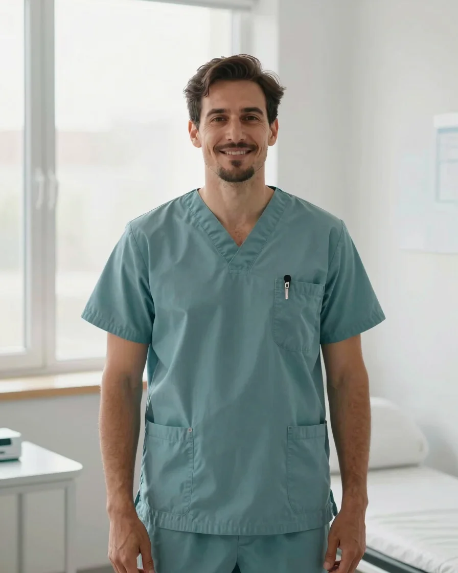 Natural portrait of a physician in standard clinical attire, standing in a bright consultation room with soft daylight f