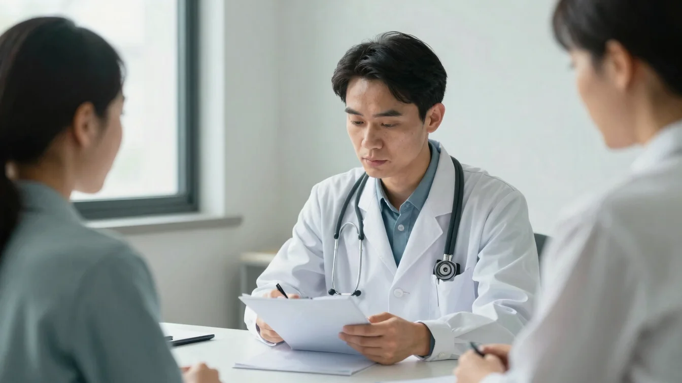 Natural candid photo of a physician reviewing notes with a patient in a calm consultation room, soft daylight, muted blu