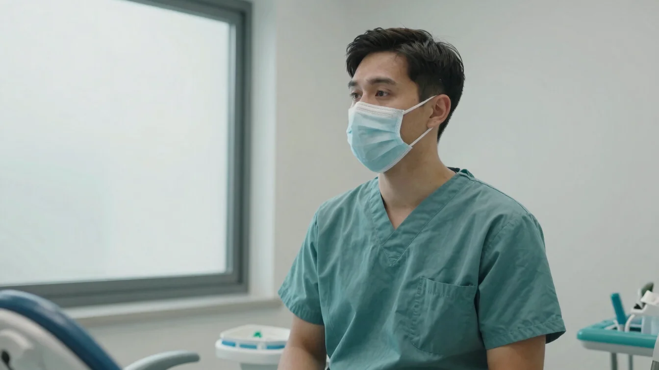 Natural candid photo of a dental practitioner in standard clinical attire at a treatment area, soft window light, calm w