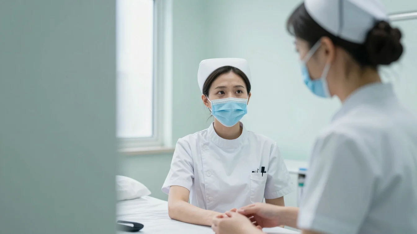 Natural candid photo of a nurse preparing a calm examination space with soft daylight, considered framing, muted blue-gr